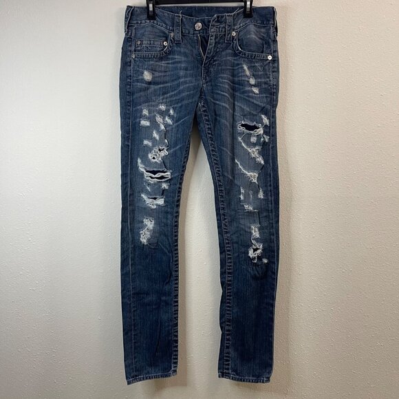 True Religion Blue Denim Slim Fit Jeans With Rips & Faded Detailing - Casual Sty - Picture 2 of 15